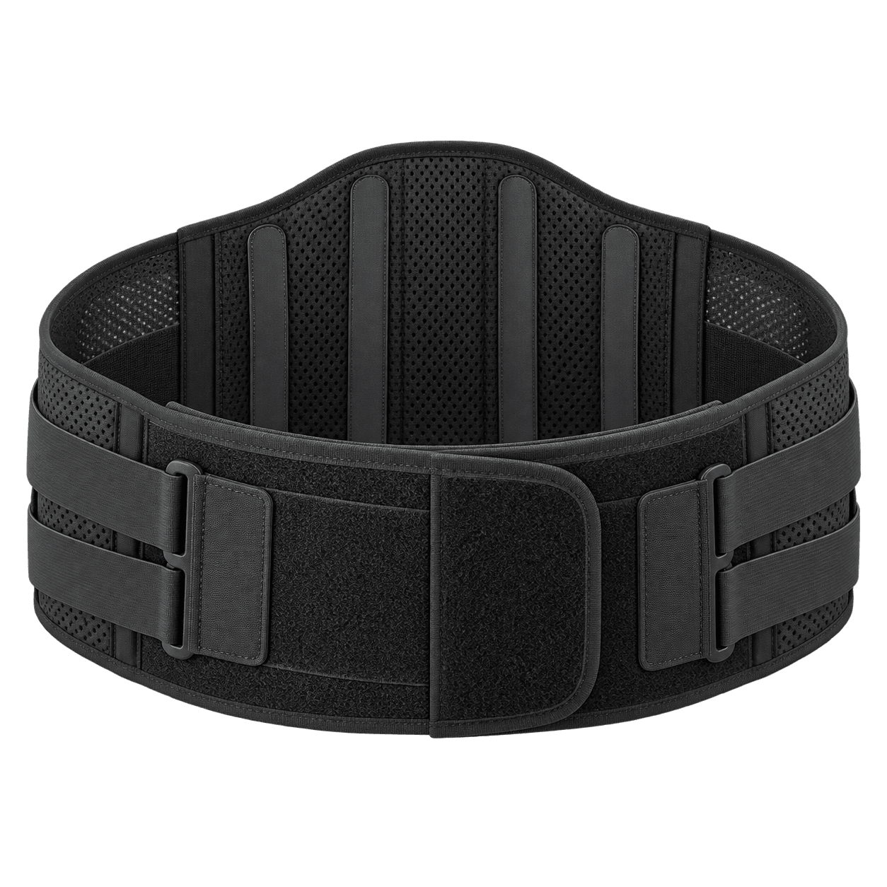 Black lumbar support belt with a wide closure, breathable mesh panel and secondary adjustment straps.